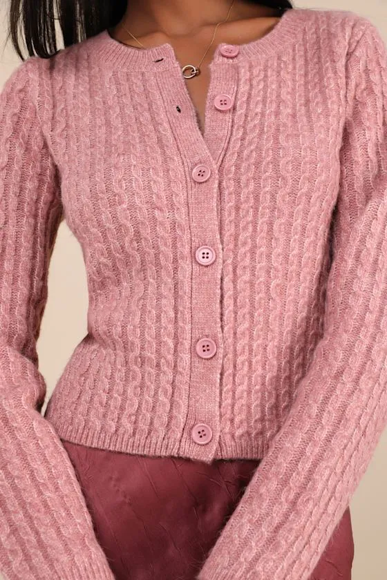 Classically Comfy Heathered Pink Cable Knit Cardigan sold by Lulus product image thumbnail 4