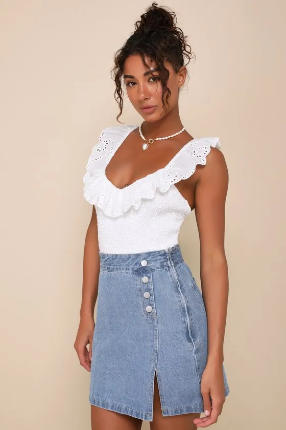 Exceptional Crush Medium Wash Denim High-Rise Mini Skirt sold by Lulus