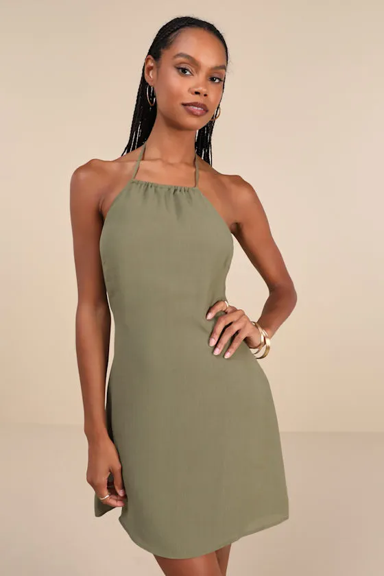 Breezy Date Olive Green Cutout Halter Mini Dress sold by Lulus
