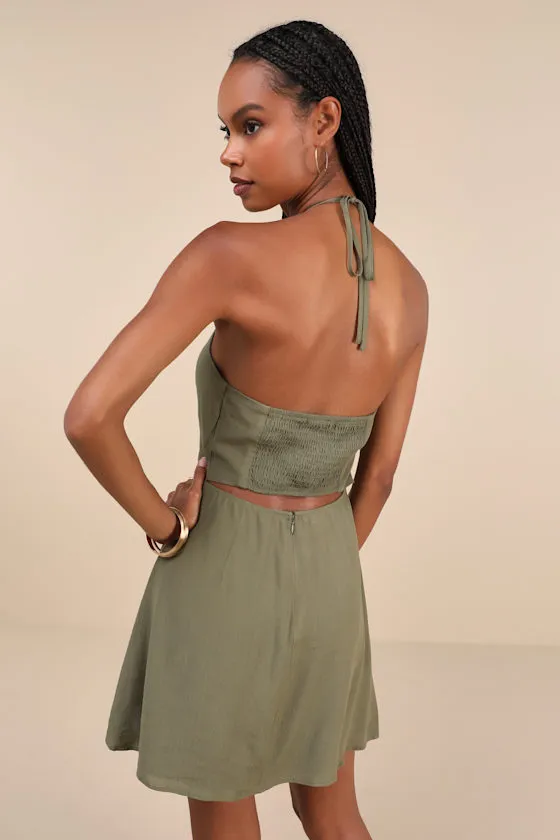 Breezy Date Olive Green Cutout Halter Mini Dress sold by Lulus product image thumbnail 2
