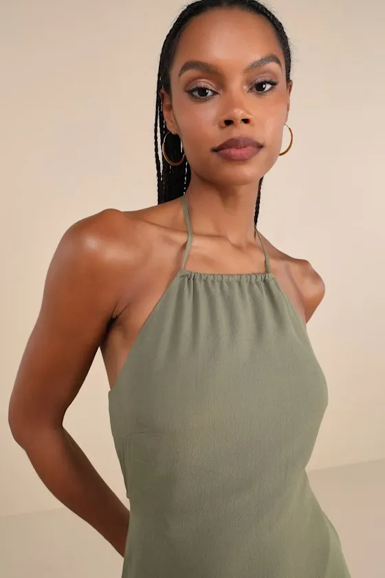 Breezy Date Olive Green Cutout Halter Mini Dress sold by Lulus product image thumbnail 4