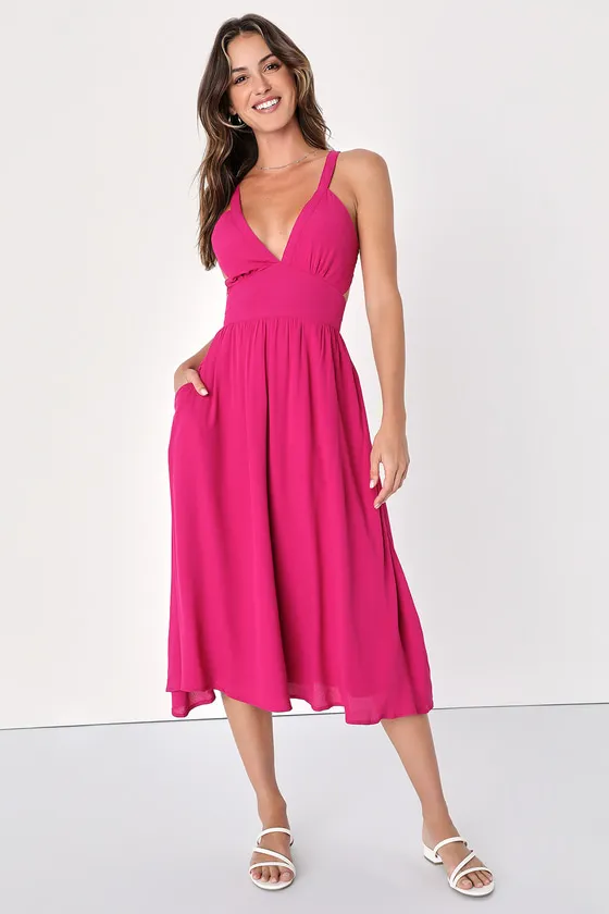 Bold New Look Magenta Tie-Back Midi Dress With Pockets sold by Lulus