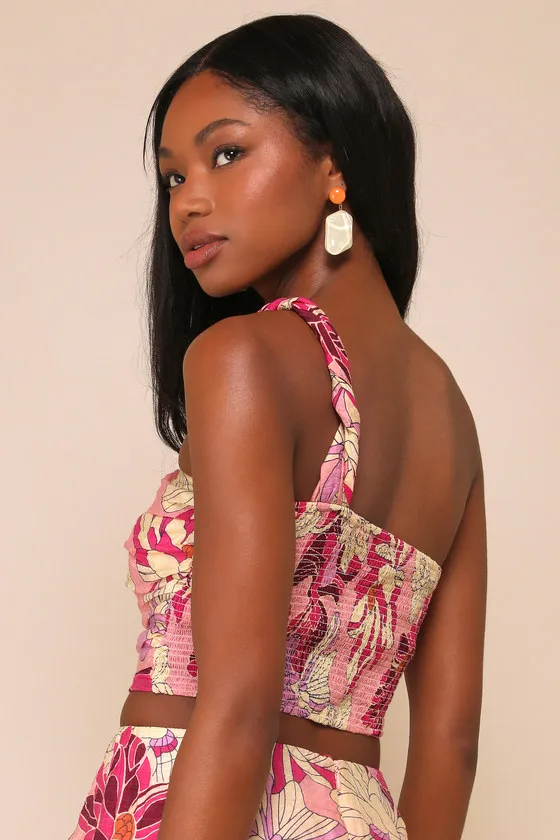 Something Wild Pink Floral Print Pleated One-Shoulder Crop Top sold by Lulus product image thumbnail 2