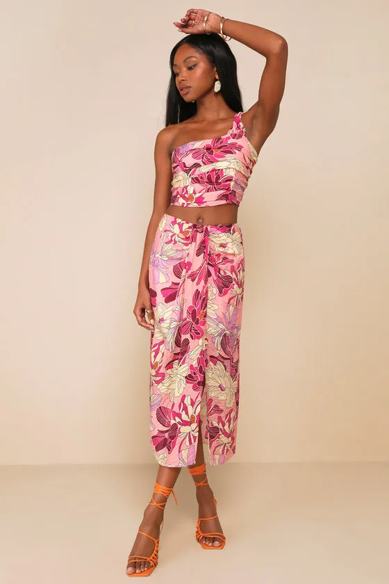 Something Wild Pink Floral Print Pleated One-Shoulder Crop Top sold by Lulus product image thumbnail 3