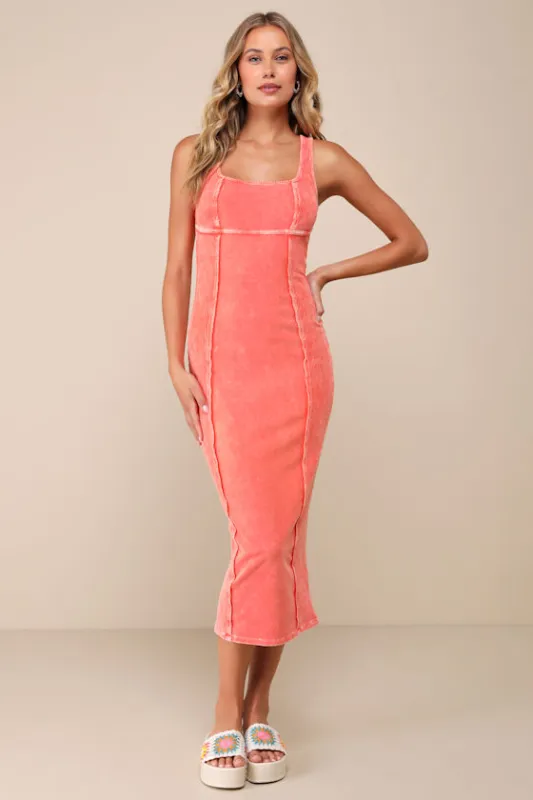 Memorable Instinct Coral Pink Washed Ribbed Paneled Midi Dress sold by Lulus