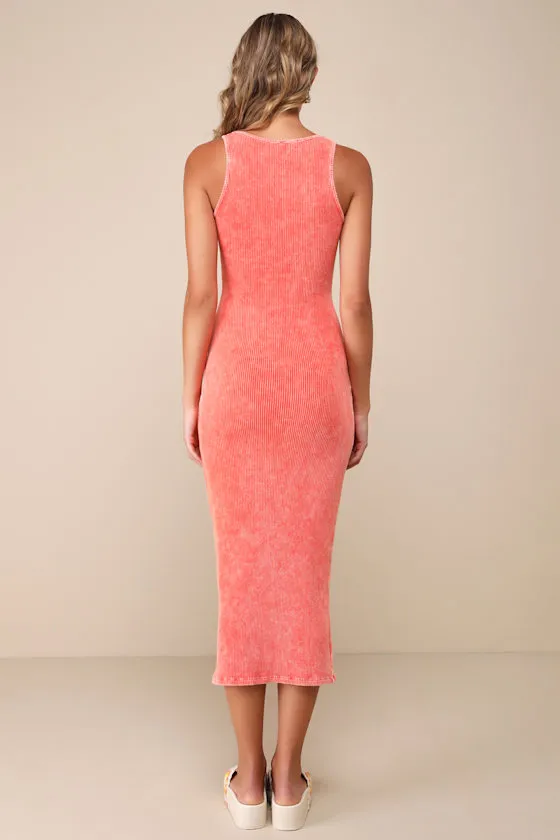 Memorable Instinct Coral Pink Washed Ribbed Paneled Midi Dress sold by Lulus product image thumbnail 2