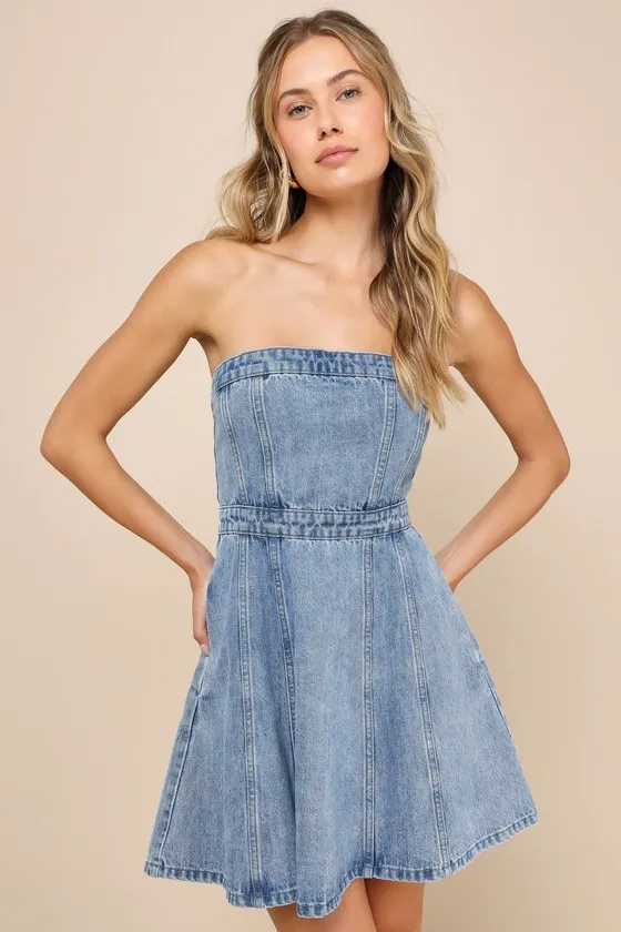 Cutesy Charm Light Wash Denim Strapless Mini Dress With Pockets sold by Lulus