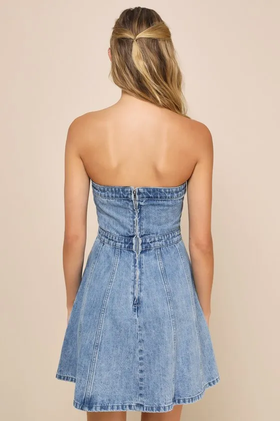 Cutesy Charm Light Wash Denim Strapless Mini Dress With Pockets sold by Lulus product image thumbnail 3