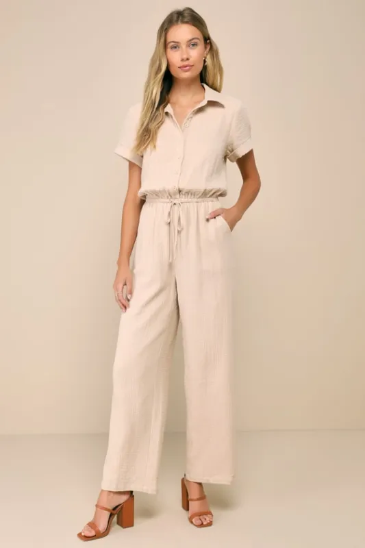 Laidback Living Beige Button-Front Short Sleeve Jumpsuit sold by Lulus