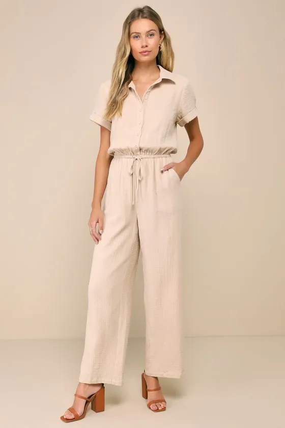 Laidback Living Beige Button-Front Short Sleeve Jumpsuit sold by Lulus