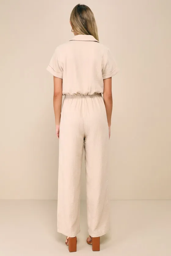 Laidback Living Beige Button-Front Short Sleeve Jumpsuit sold by Lulus product image thumbnail 2