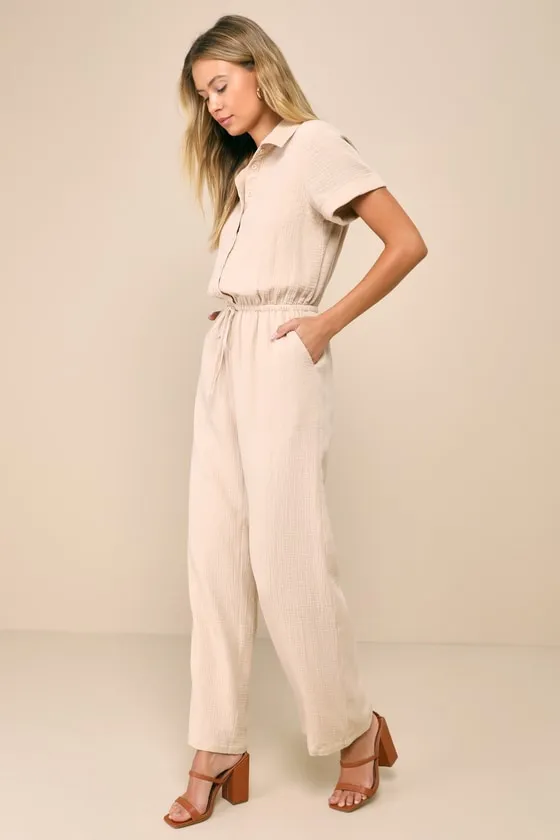 Laidback Living Beige Button-Front Short Sleeve Jumpsuit sold by Lulus product image thumbnail 3