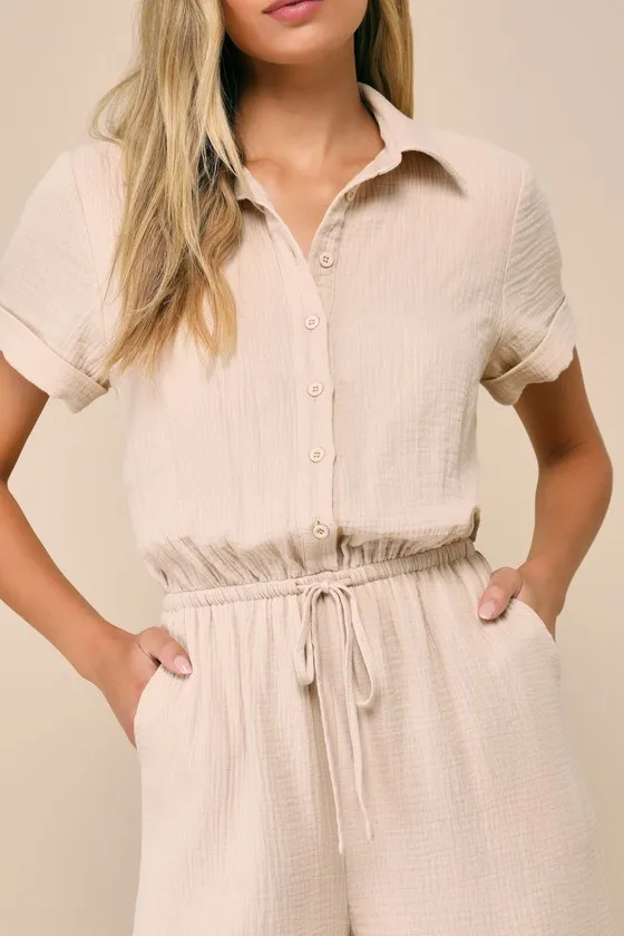Laidback Living Beige Button-Front Short Sleeve Jumpsuit sold by Lulus product image thumbnail 4