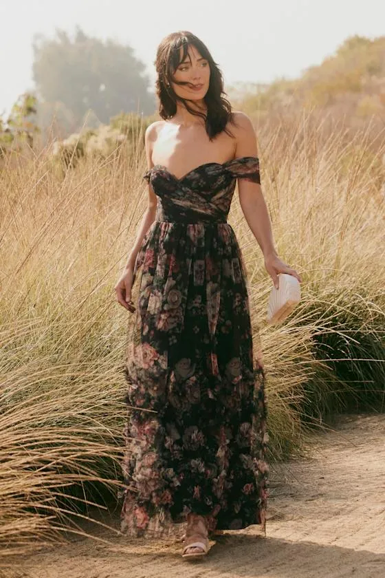 Ideal Beauty Black Floral Mesh Off-the-Shoulder Maxi Dress sold by Lulus