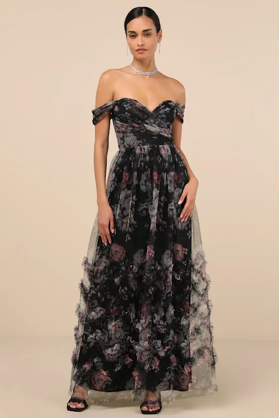 Ideal Beauty Black Floral Mesh Off-the-Shoulder Maxi Dress sold by Lulus product image thumbnail 2