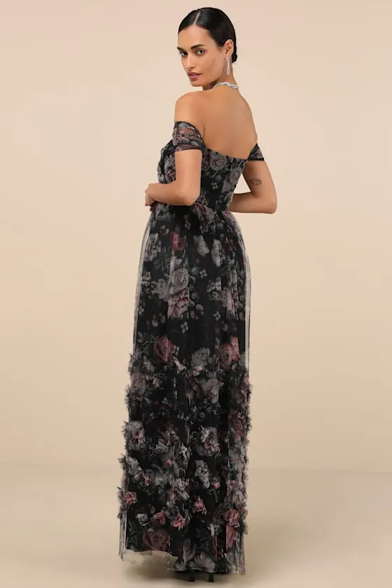 Ideal Beauty Black Floral Mesh Off-the-Shoulder Maxi Dress sold by Lulus product image thumbnail 3