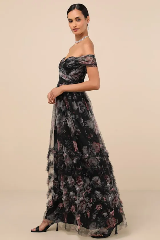 Ideal Beauty Black Floral Mesh Off-the-Shoulder Maxi Dress sold by Lulus product image thumbnail 4