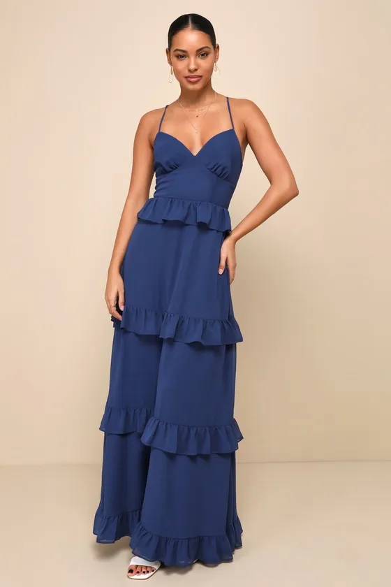 Captivating Class Blue Ruffled Tiered Lace-Up Maxi Dress sold by Lulus