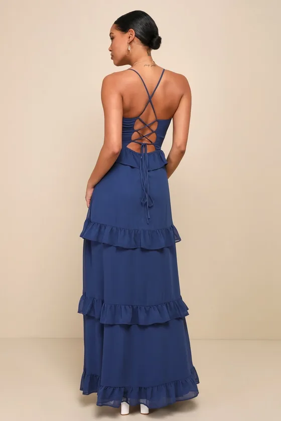 Captivating Class Blue Ruffled Tiered Lace-Up Maxi Dress sold by Lulus product image thumbnail 2