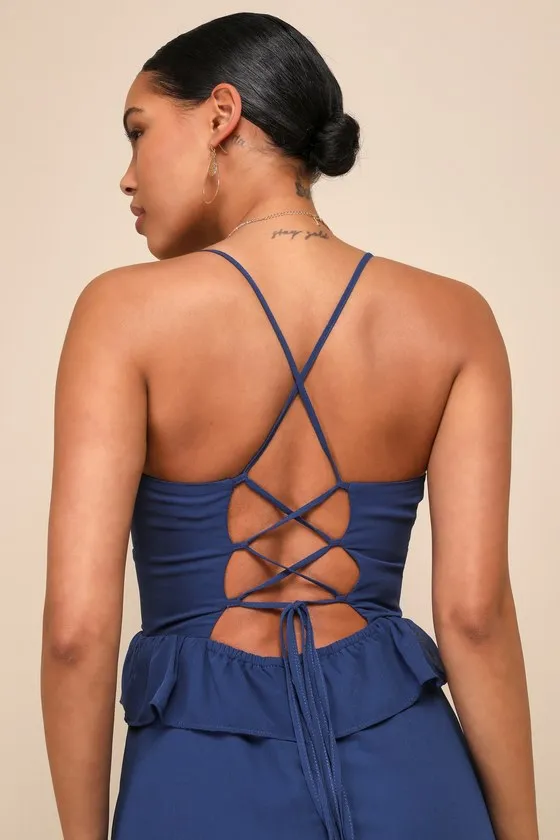 Captivating Class Blue Ruffled Tiered Lace-Up Maxi Dress sold by Lulus product image thumbnail 4