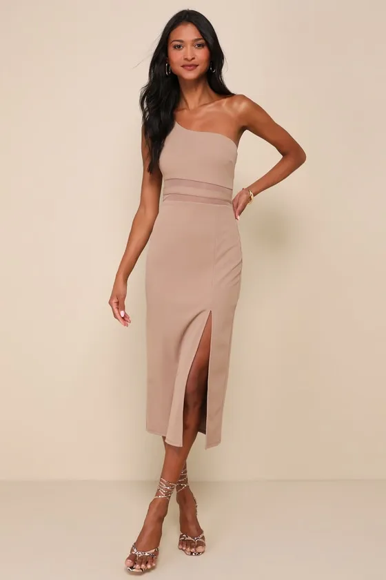 Exceptional Attitude Taupe Mesh One-Shoulder Bodycon Midi Dress sold by Lulus
