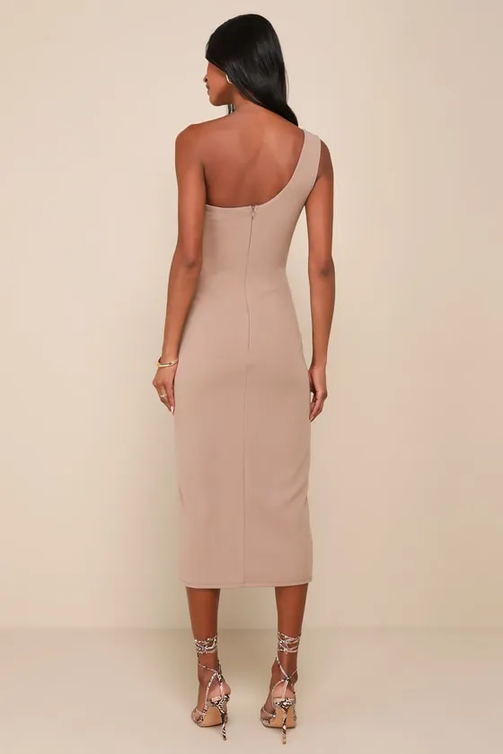 Exceptional Attitude Taupe Mesh One-Shoulder Bodycon Midi Dress sold by Lulus product image thumbnail 3