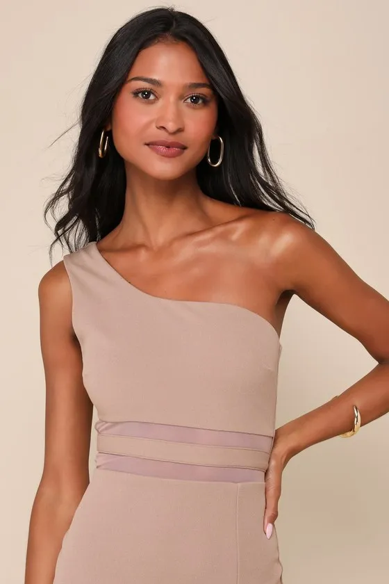 Exceptional Attitude Taupe Mesh One-Shoulder Bodycon Midi Dress sold by Lulus product image thumbnail 4