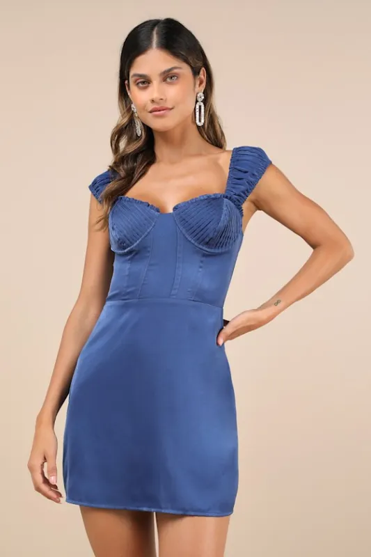 Perfected Aesthetic Cobalt Blue Satin Ruffled Bustier Mini Dress sold by Lulus