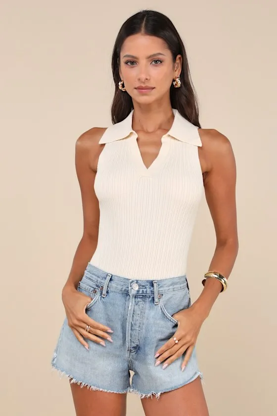 Sincerely Trendy Cream Ribbed Collared Sleeveless Sweater Top sold by Lulus