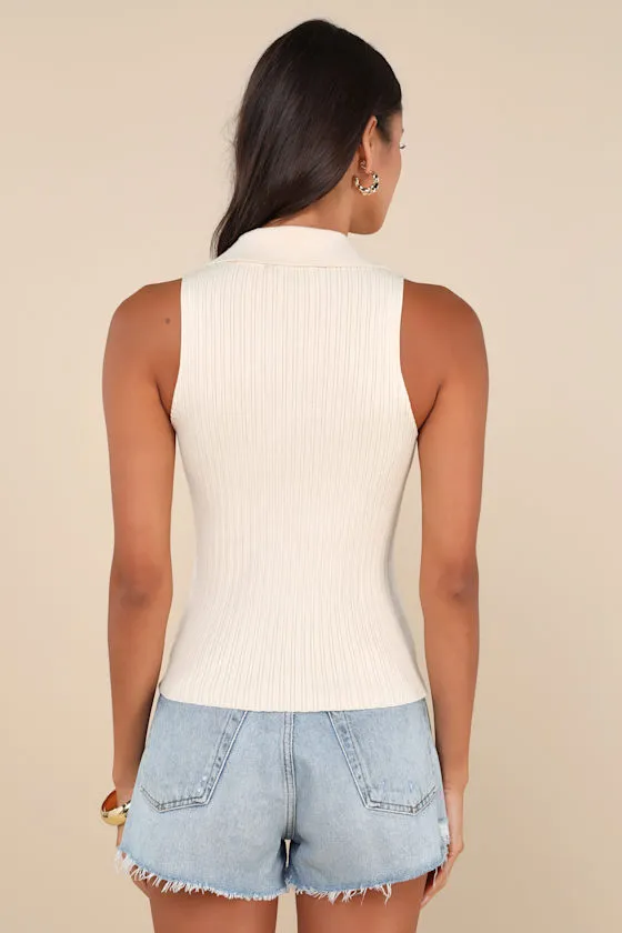 Sincerely Trendy Cream Ribbed Collared Sleeveless Sweater Top sold by Lulus product image thumbnail 3