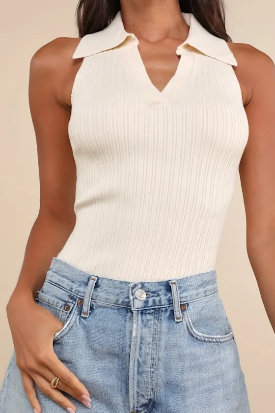 Sincerely Trendy Cream Ribbed Collared Sleeveless Sweater Top sold by Lulus product image thumbnail 4