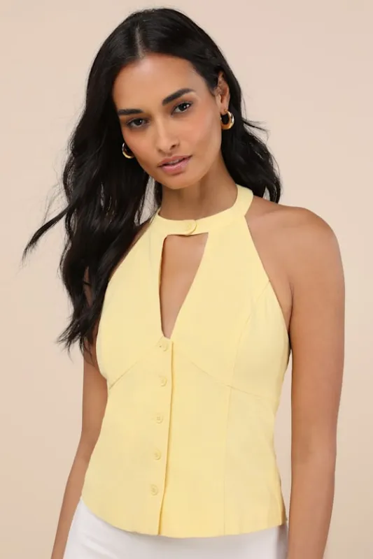 Pamula Light Yellow Halter Button-Front Top made by Lulus