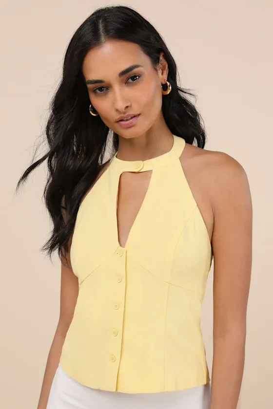 Pamula Light Yellow Halter Button-Front Top sold by Lulus