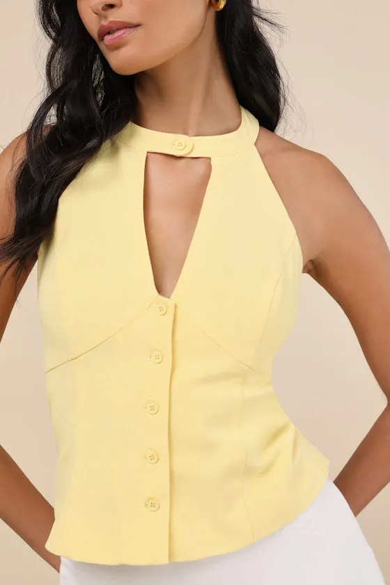 Pamula Light Yellow Halter Button-Front Top sold by Lulus product image thumbnail 4