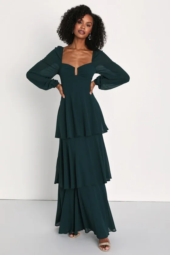 Tier to Enchant Emerald Green Long Sleeve Tiered Maxi Dress sold by Lulus