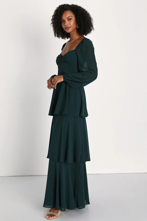Tier to Enchant Emerald Green Long Sleeve Tiered Maxi Dress sold by Lulus product image thumbnail 4