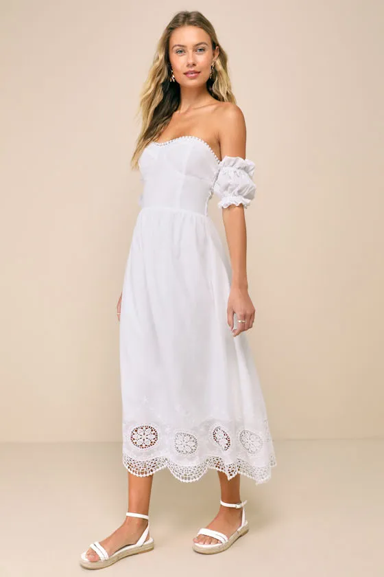 Sweet Sunlover White Embroidered Off-the-Shoulder Midi Dress sold by Lulus product image thumbnail 4