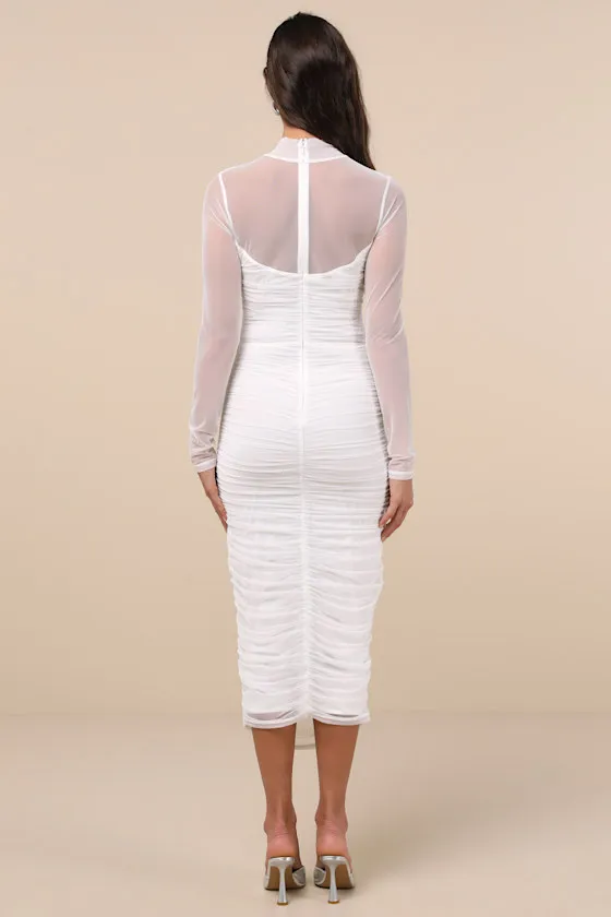 Impressive Flirt White Mesh Ruched Mock Neck Midi Dress sold by Lulus product image thumbnail 2