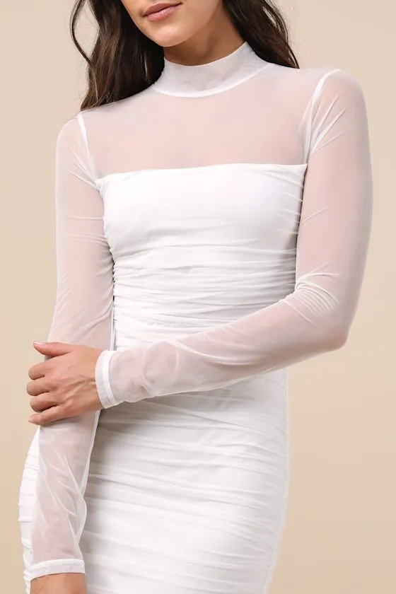 Impressive Flirt White Mesh Ruched Mock Neck Midi Dress sold by Lulus product image thumbnail 4