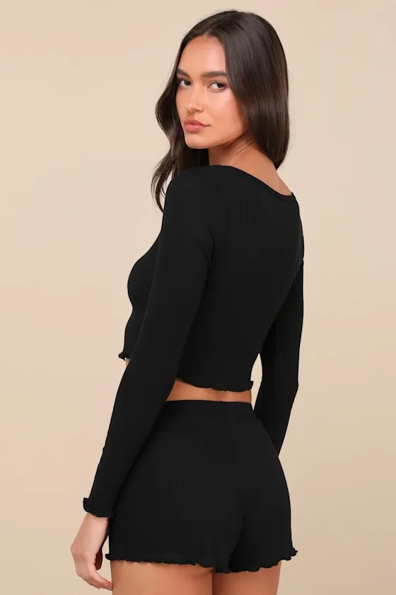 Cuddly Aura Black Ribbed Henley Two-Piece Pajama Set sold by Lulus product image thumbnail 2