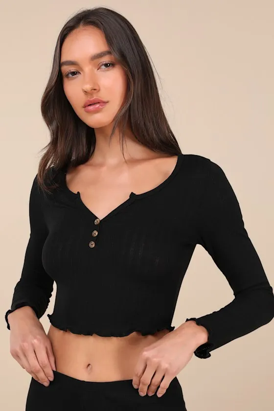 Cuddly Aura Black Ribbed Henley Two-Piece Pajama Set sold by Lulus product image thumbnail 3