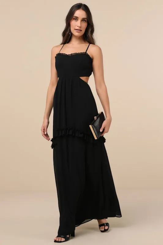 Pronounced Perfection Black Cutout Tie-Back Maxi Dress sold by Lulus