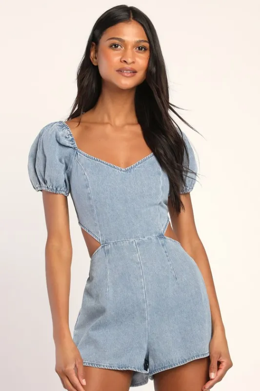 Blushing Beauty Light Wash Denim Puff Sleeve Romper sold by Lulus