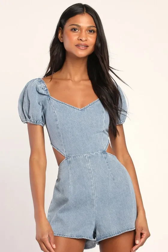 Blushing Beauty Light Wash Denim Puff Sleeve Romper sold by Lulus