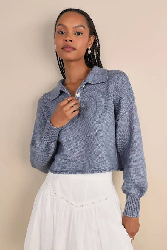 Comfy Ideal Heather Blue Collared Cropped Pullover Sweater sold by Lulus