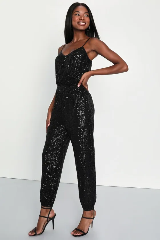 Sparkling Adventure Black Sequin Mesh Jogger Jumpsuit sold by Lulus product image thumbnail 2