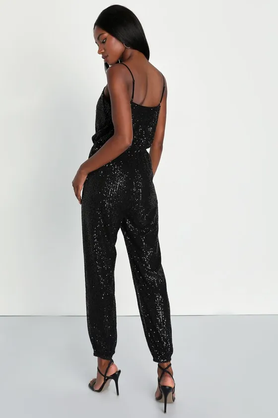 Sparkling Adventure Black Sequin Mesh Jogger Jumpsuit sold by Lulus product image thumbnail 3