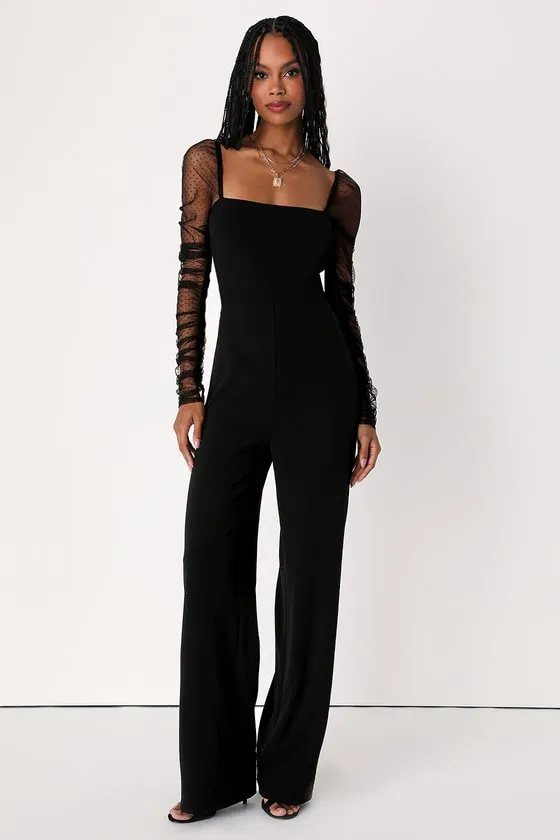 Made to Amaze Black Dotted Mesh Long Sleeve Jumpsuit sold by Lulus product image thumbnail 2
