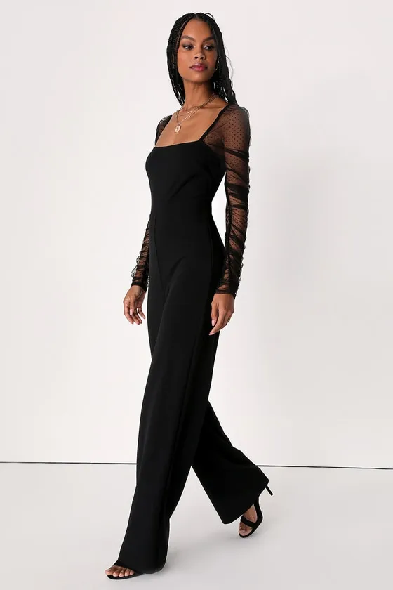 Made to Amaze Black Dotted Mesh Long Sleeve Jumpsuit sold by Lulus product image thumbnail 4