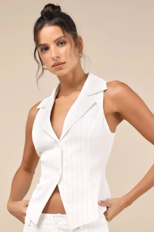 Chic Viewpoint White Pinstriped Vest Top sold by Lulus